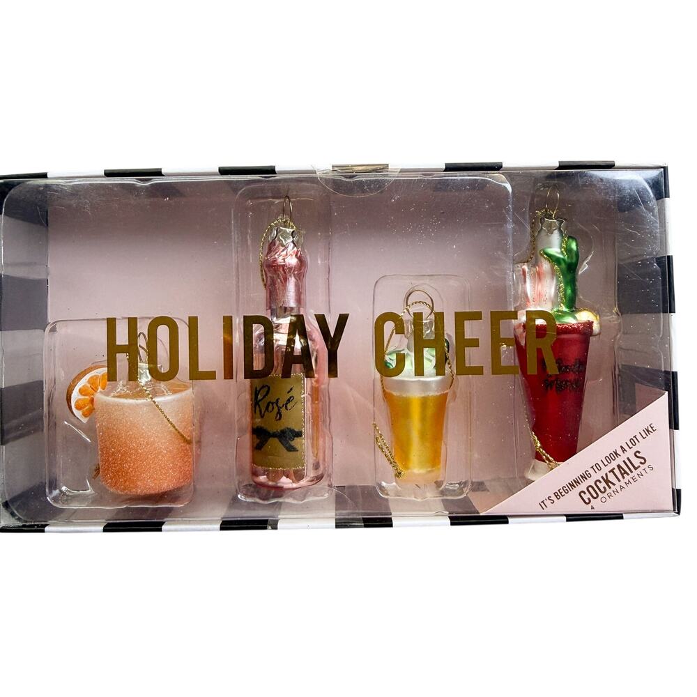 New Set of 4 Holiday Cheer Cocktails Drinks Glass Christmas Ornaments